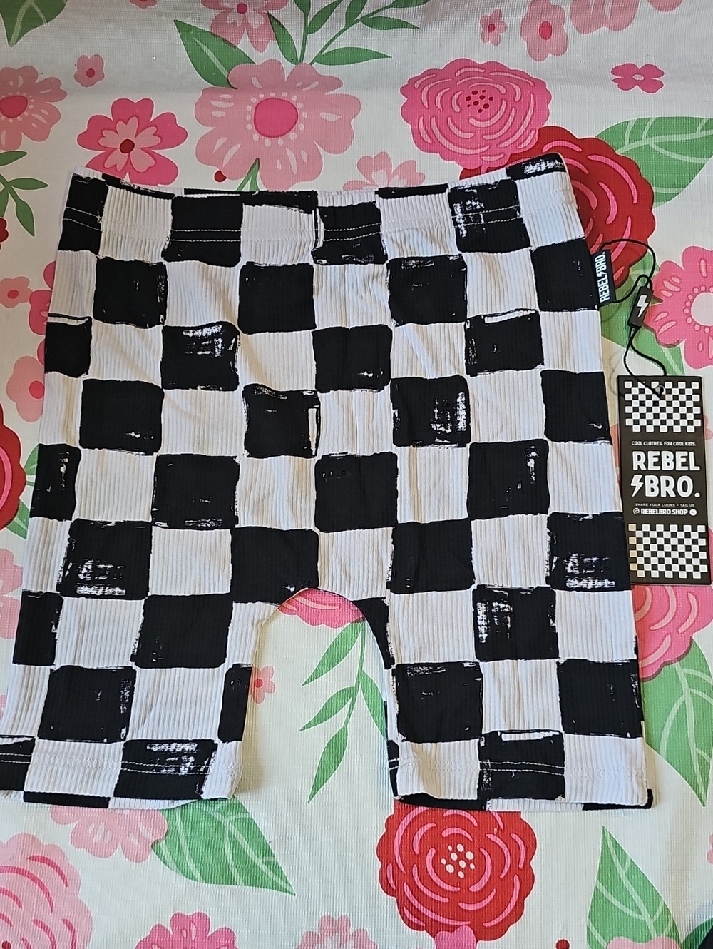 Rebel Bro Black & White Checkerboard Ribbed Athletic Shorts